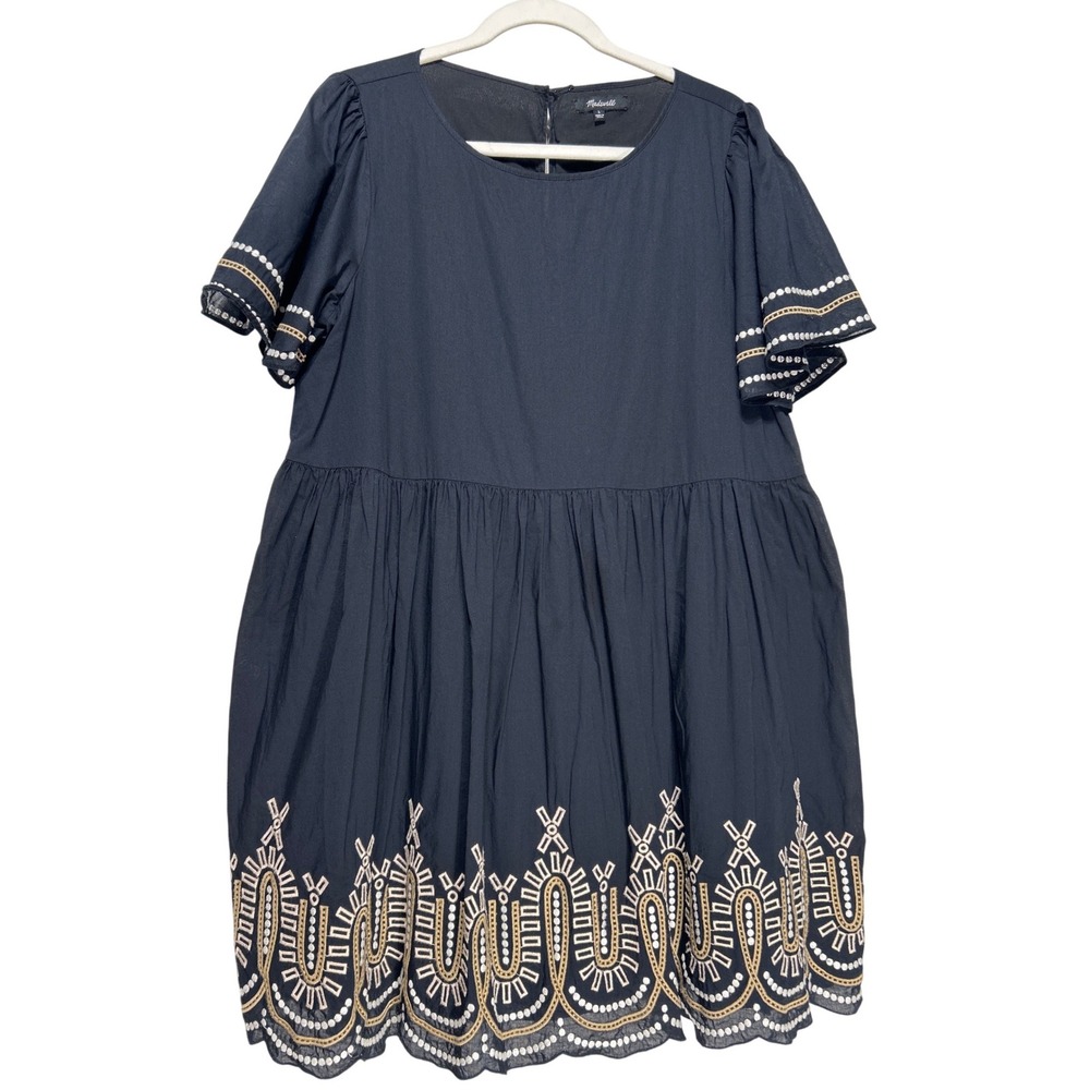 Madewell Embroidered Eyelet Puff Sleeve Mini Dress Black Size L Retail: $138 EUC
